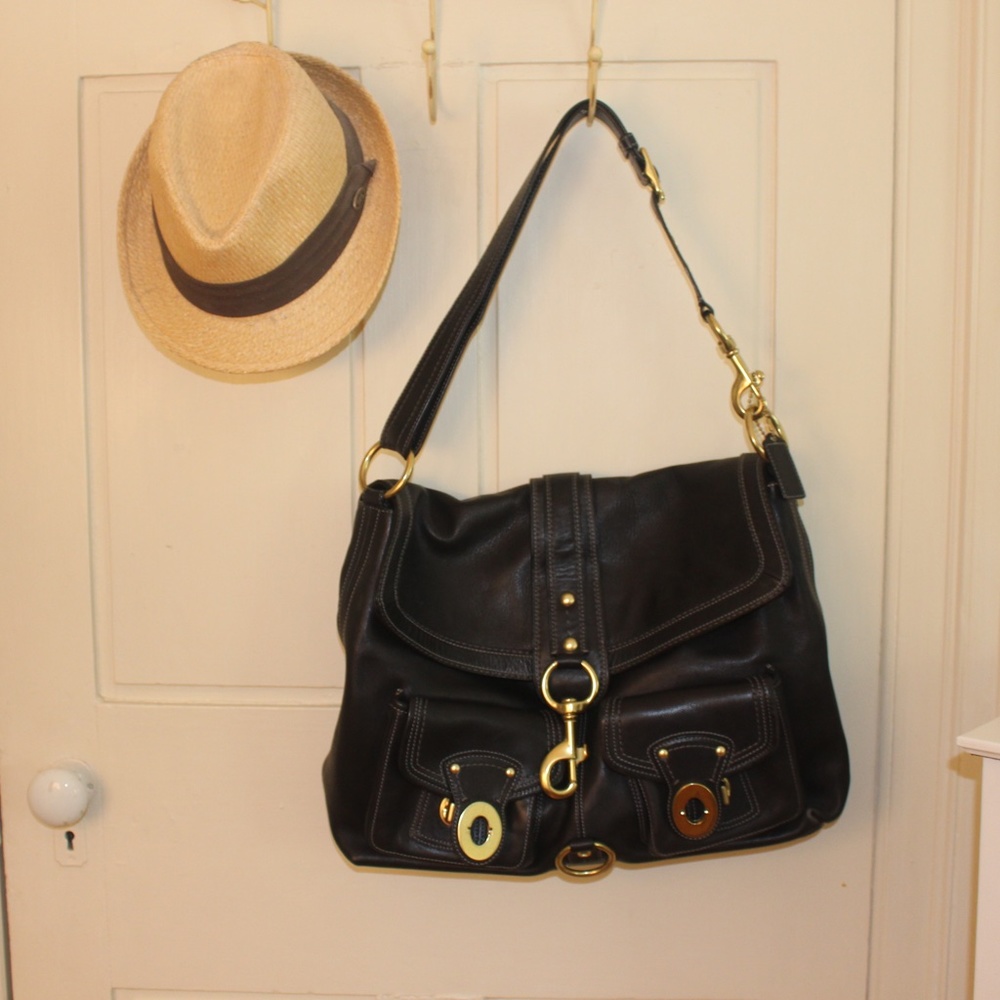 Coach large black leather messenger bag